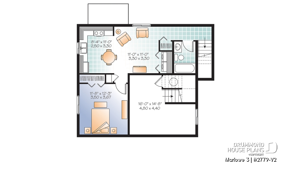 Basement - 3 bedroom house plan with basement apartment, laundry room on main floor, fireplace - Marlowe 3