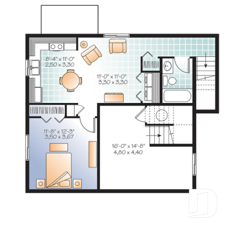 Basement - 3 bedroom house plan with basement apartment, laundry room on main floor, fireplace - Marlowe 3