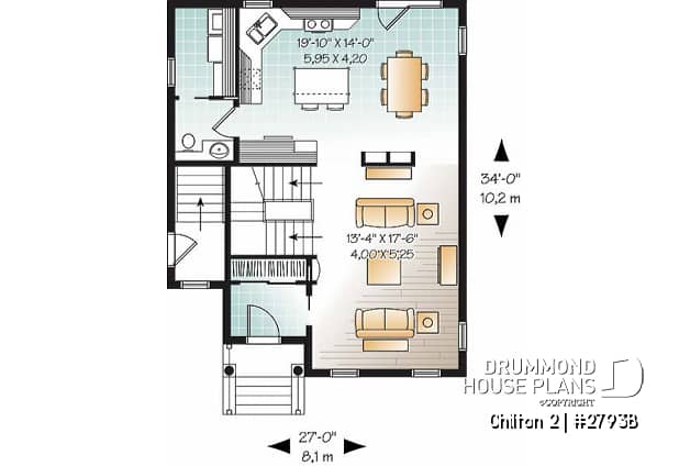 1st level - 3 bedroom country cottage house plan with large kitchen & basement appartment, lots of storage - Chilton 2