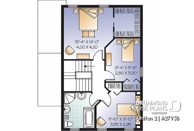 2nd level - 3 bedroom country cottage house plan with large kitchen & basement appartment, lots of storage - Chilton 2