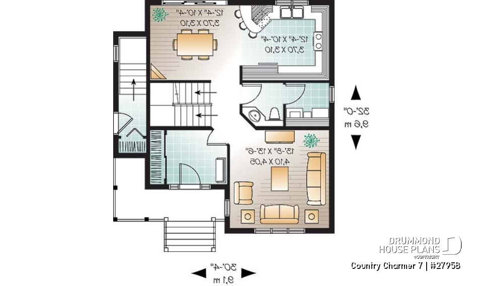 1st level - 3 bedroom farmhouse house plan with one-bedroom bedroom basement appartment, low construction costs - Country Charmer 7