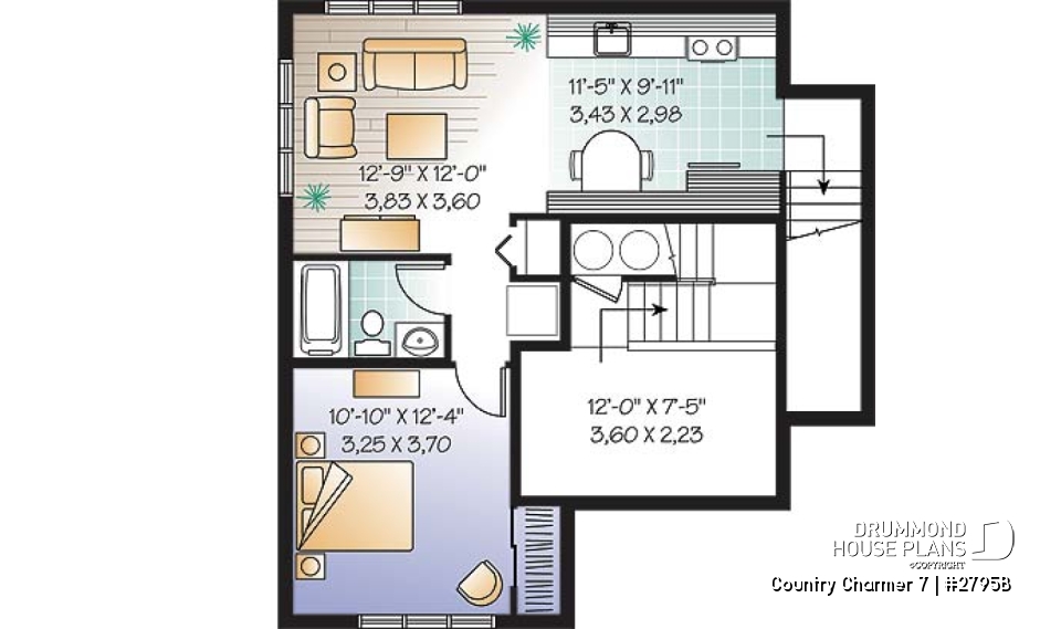 Basement - 3 bedroom farmhouse house plan with one-bedroom bedroom basement appartment, low construction costs - Country Charmer 7