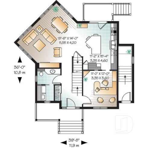 1st level - Afflordable house plan with basement apartment, 3 to 4 bedrooms on main unit, home office, lot of light - Crenshaw 2