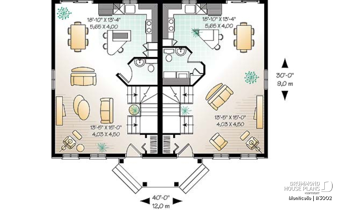 1st level - 2-story semi-detached house plan, 2 to 3 bedrooms and 2 bathrooms per unit, open floor plan concept - Monticello