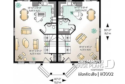 1st level - 2-story semi-detached house plan, 2 to 3 bedrooms and 2 bathrooms per unit, open floor plan concept - Monticello