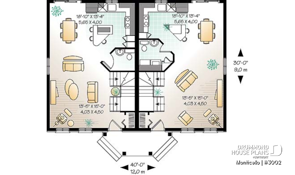 1st level - 2-story semi-detached house plan, 2 to 3 bedrooms and 2 bathrooms per unit, open floor plan concept - Monticello