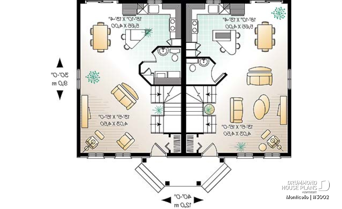 1st level - 2-story semi-detached house plan, 2 to 3 bedrooms and 2 bathrooms per unit, open floor plan concept - Monticello