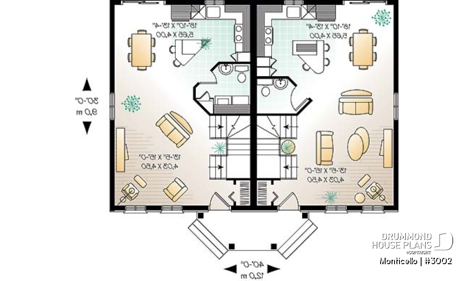 1st level - 2-story semi-detached house plan, 2 to 3 bedrooms and 2 bathrooms per unit, open floor plan concept - Monticello