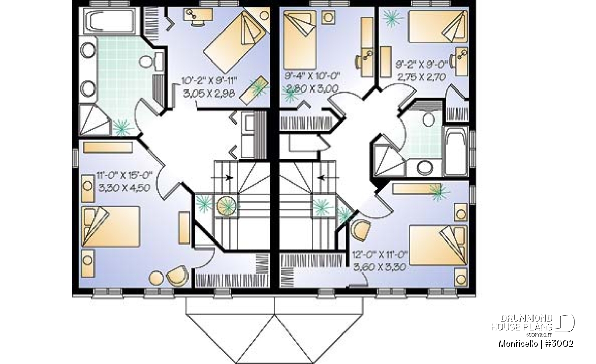 2nd level - 2-story semi-detached house plan, 2 to 3 bedrooms and 2 bathrooms per unit, open floor plan concept - Monticello