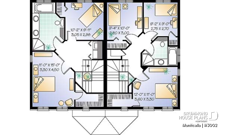 2nd level - 2-story semi-detached house plan, 2 to 3 bedrooms and 2 bathrooms per unit, open floor plan concept - Monticello
