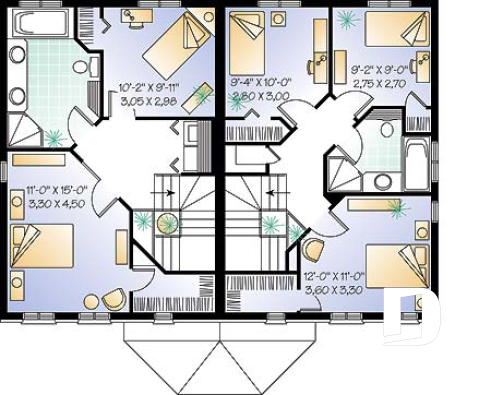 2nd level - 2-story semi-detached house plan, 2 to 3 bedrooms and 2 bathrooms per unit, open floor plan concept - Monticello