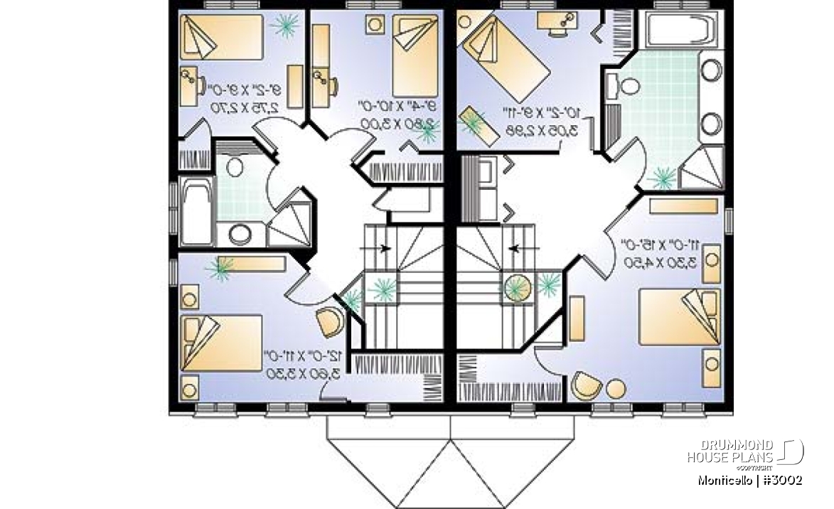 2nd level - 2-story semi-detached house plan, 2 to 3 bedrooms and 2 bathrooms per unit, open floor plan concept - Monticello