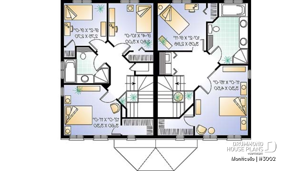 2nd level - 2-story semi-detached house plan, 2 to 3 bedrooms and 2 bathrooms per unit, open floor plan concept - Monticello