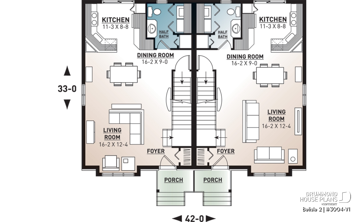 1st level - Contemporary style 3 bedroom semi-detached house plan with great master bedroom, laundry on main - Belisle 2