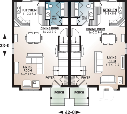 1st level - Contemporary style 3 bedroom semi-detached house plan with great master bedroom, laundry on main - Belisle 2