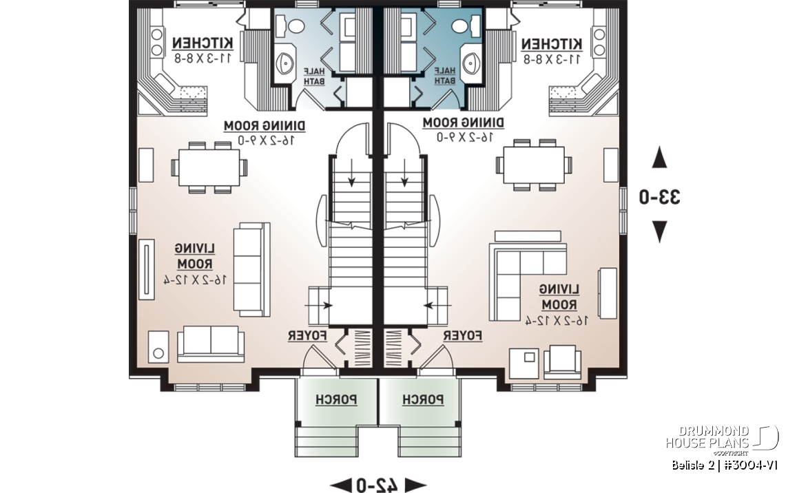1st level - Contemporary style 3 bedroom semi-detached house plan with great master bedroom, laundry on main - Belisle 2