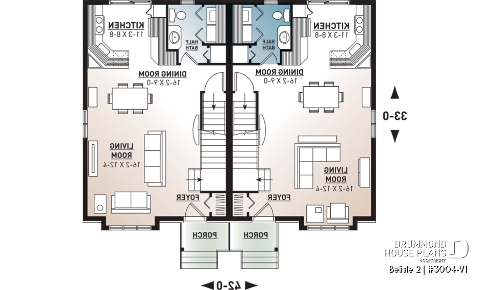 1st level - Contemporary style 3 bedroom semi-detached house plan with great master bedroom, laundry on main - Belisle 2