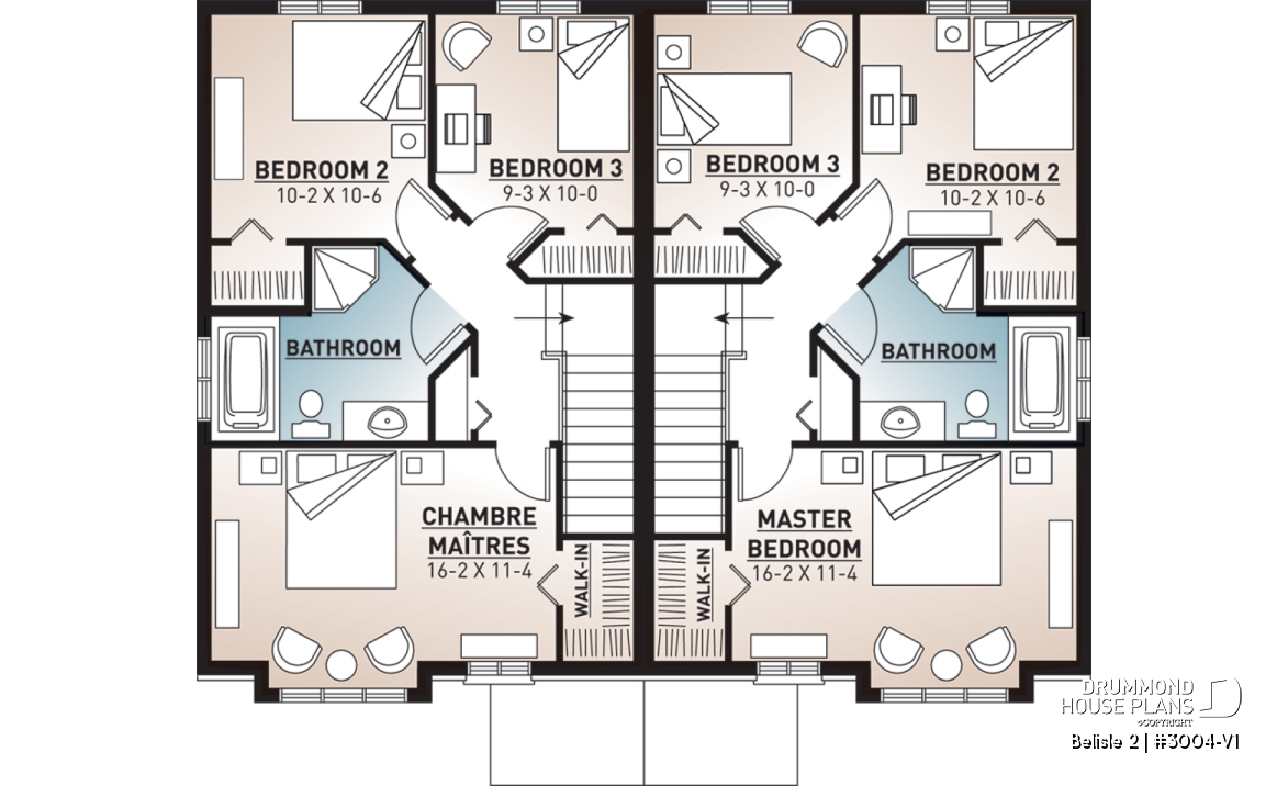 2nd level - Contemporary style 3 bedroom semi-detached house plan with great master bedroom, laundry on main - Belisle 2