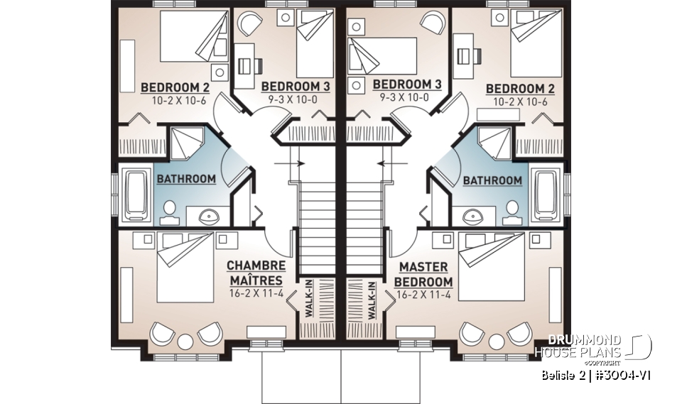 2nd level - Contemporary style 3 bedroom semi-detached house plan with great master bedroom, laundry on main - Belisle 2