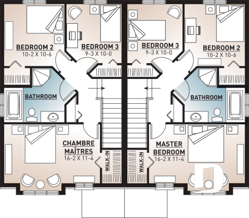 2nd level - Contemporary style 3 bedroom semi-detached house plan with great master bedroom, laundry on main - Belisle 2