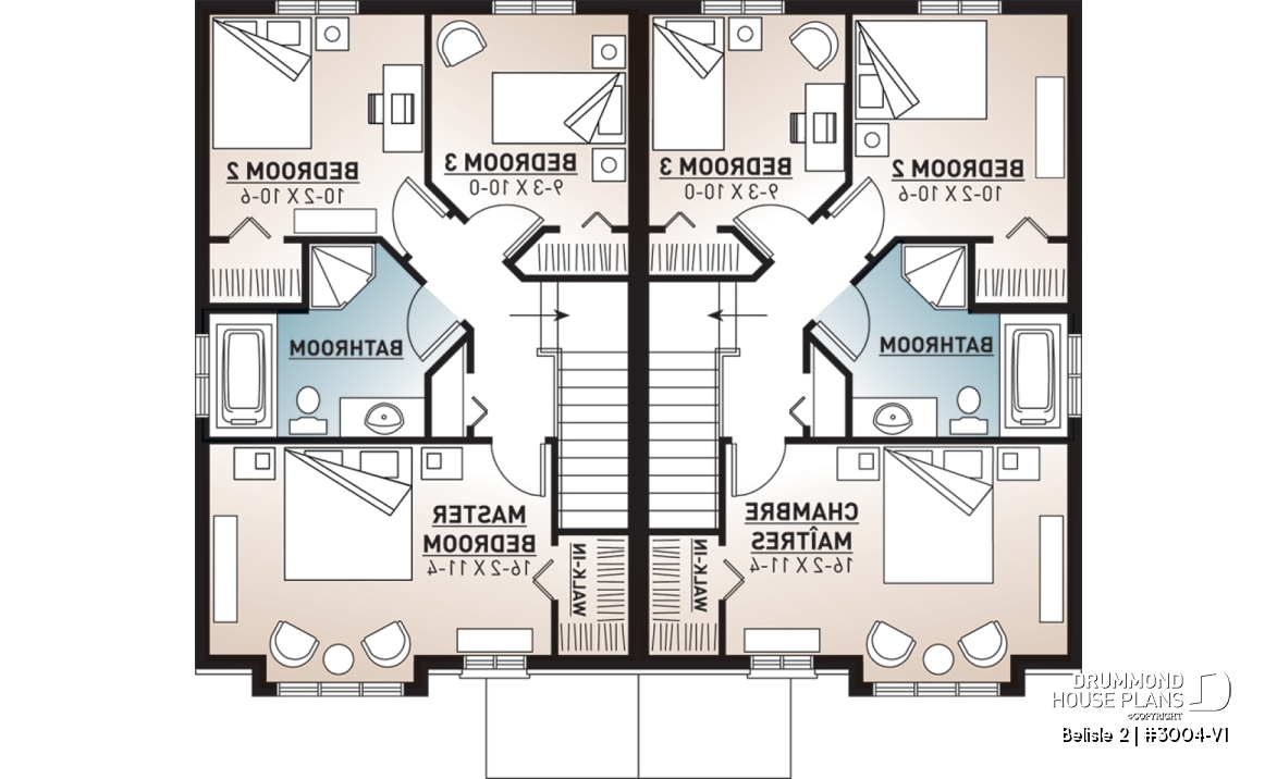 2nd level - Contemporary style 3 bedroom semi-detached house plan with great master bedroom, laundry on main - Belisle 2