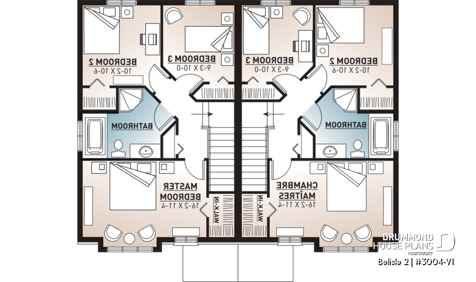 2nd level - Contemporary style 3 bedroom semi-detached house plan with great master bedroom, laundry on main - Belisle 2