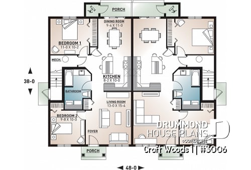 1st level - 4 unit apartment building plan, 2 bedrooms and laundry room on each apt., kitchen island and more! - Croft Woods 1