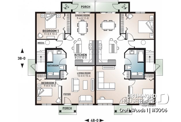 1st level - 4 unit apartment building plan, 2 bedrooms and laundry room on each apt., kitchen island and more! - Croft Woods 1