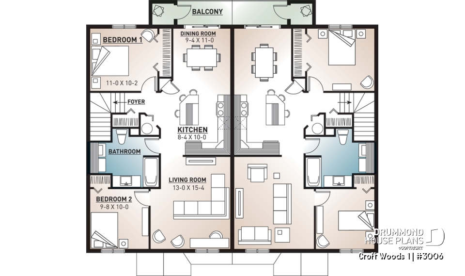 2nd level - 4 unit apartment building plan, 2 bedrooms and laundry room on each apt., kitchen island and more! - Croft Woods 1