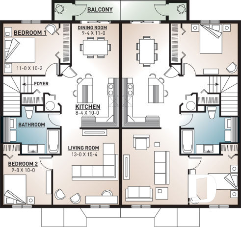 2nd level - 4 unit apartment building plan, 2 bedrooms and laundry room on each apt., kitchen island and more! - Croft Woods 1