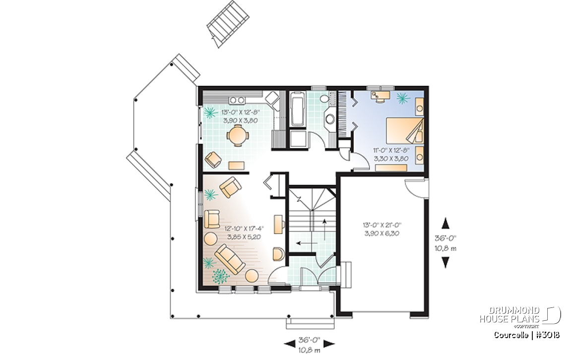 1st level - Integenerational house plan or duplex house plan, one-car garage, 1 bedroom and 3 bedroom apartments - Courcelle