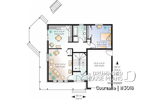 1st level - Integenerational house plan or duplex house plan, one-car garage, 1 bedroom and 3 bedroom apartments - Courcelle