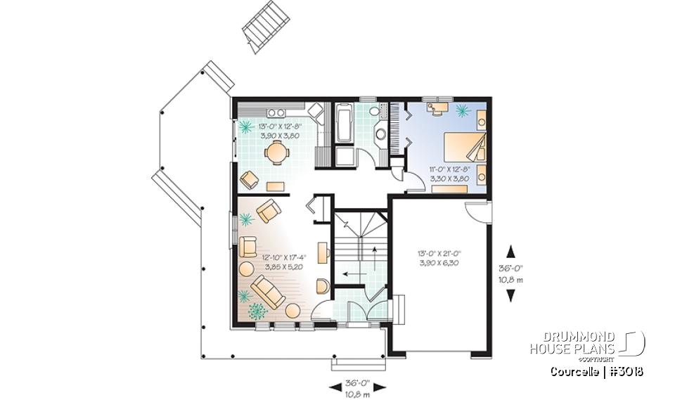 1st level - Integenerational house plan or duplex house plan, one-car garage, 1 bedroom and 3 bedroom apartments - Courcelle