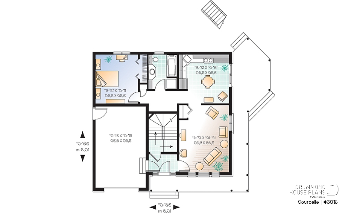 1st level - Integenerational house plan or duplex house plan, one-car garage, 1 bedroom and 3 bedroom apartments - Courcelle