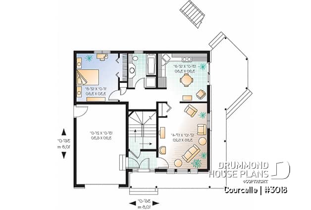 1st level - Integenerational house plan or duplex house plan, one-car garage, 1 bedroom and 3 bedroom apartments - Courcelle