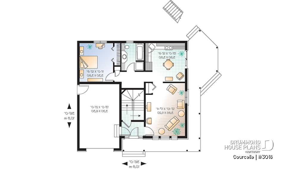 1st level - Integenerational house plan or duplex house plan, one-car garage, 1 bedroom and 3 bedroom apartments - Courcelle