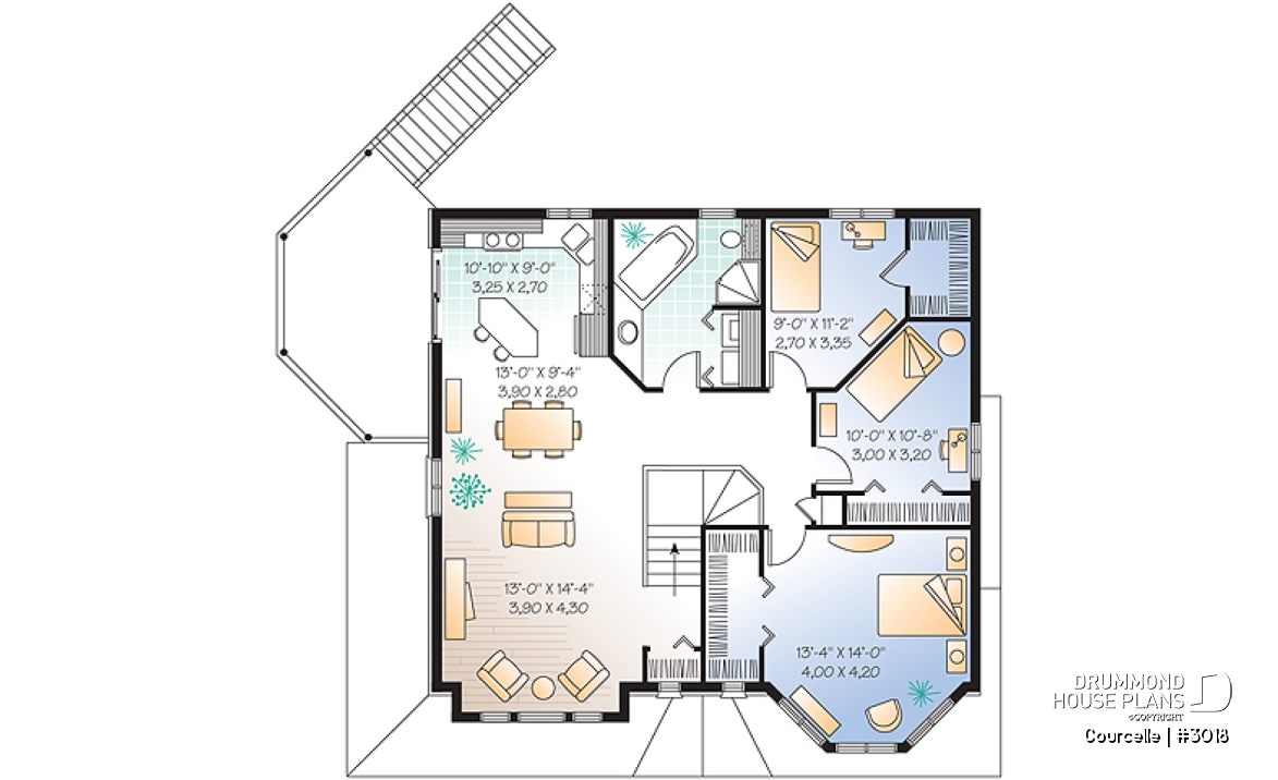 2nd level - Integenerational house plan or duplex house plan, one-car garage, 1 bedroom and 3 bedroom apartments - Courcelle