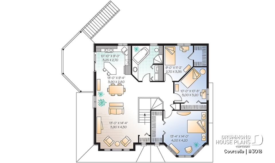 2nd level - Integenerational house plan or duplex house plan, one-car garage, 1 bedroom and 3 bedroom apartments - Courcelle
