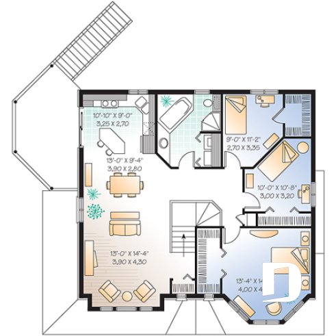 2nd level - Integenerational house plan or duplex house plan, one-car garage, 1 bedroom and 3 bedroom apartments - Courcelle