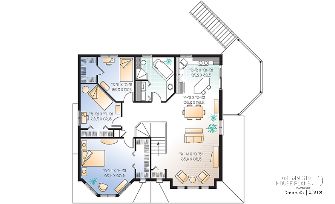 2nd level - Integenerational house plan or duplex house plan, one-car garage, 1 bedroom and 3 bedroom apartments - Courcelle