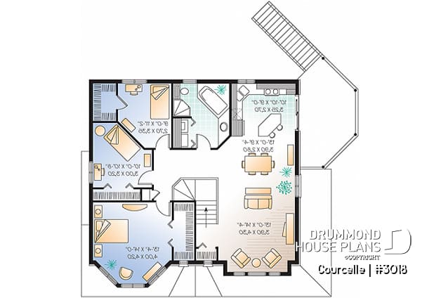 2nd level - Integenerational house plan or duplex house plan, one-car garage, 1 bedroom and 3 bedroom apartments - Courcelle