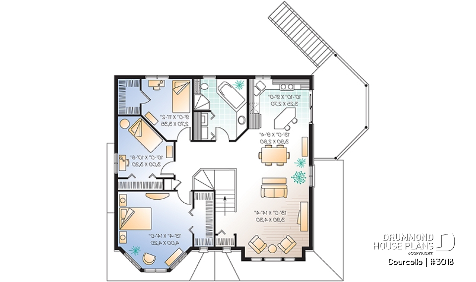 2nd level - Integenerational house plan or duplex house plan, one-car garage, 1 bedroom and 3 bedroom apartments - Courcelle