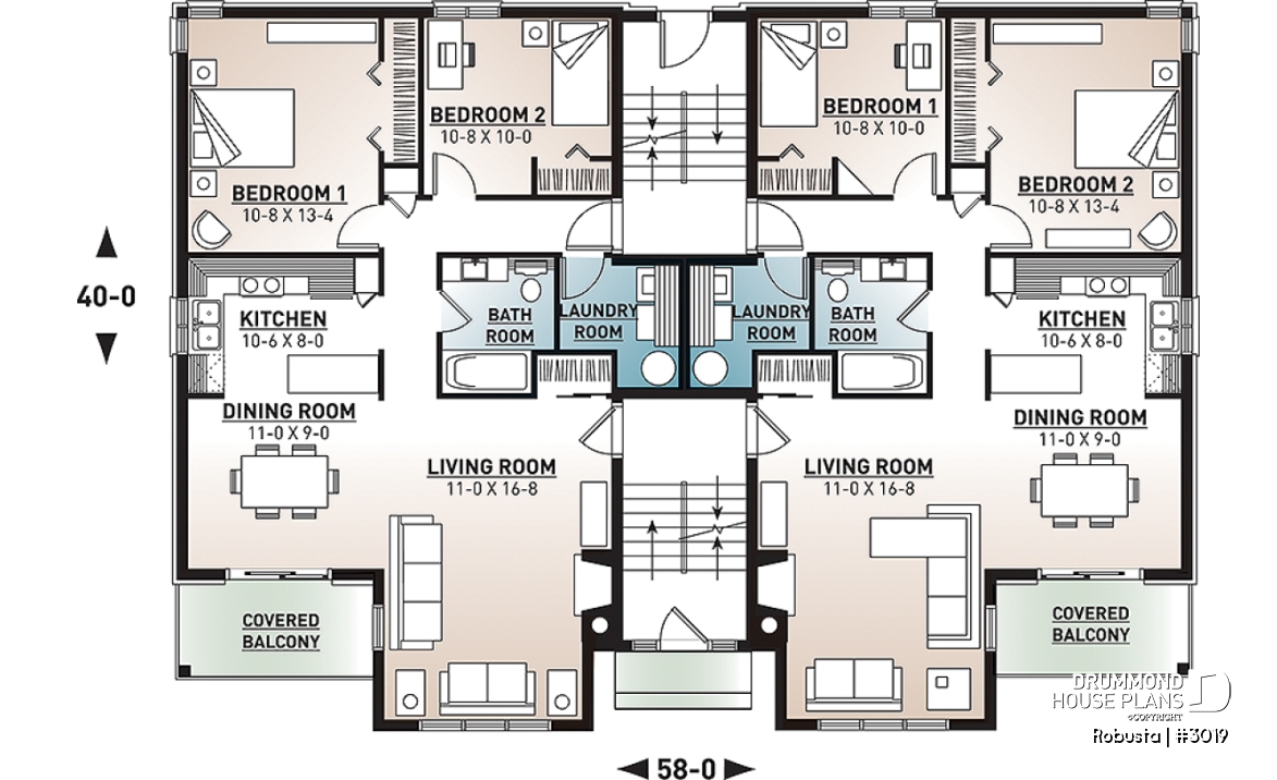 1st level - 8 unit apartment building plan, 2 bedrooms, great kitchen, dining and living layout, laundry room, fireplace - Robusta