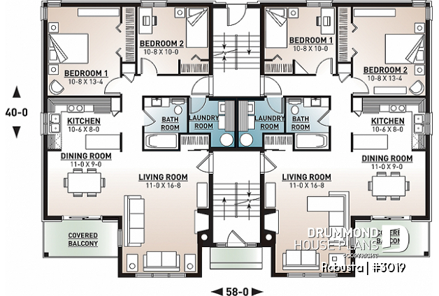 1st level - 8 unit apartment building plan, 2 bedrooms, great kitchen, dining and living layout, laundry room, fireplace - Robusta