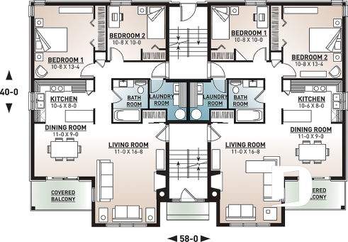 1st level - 8 unit apartment building plan, 2 bedrooms, great kitchen, dining and living layout, laundry room, fireplace - Robusta