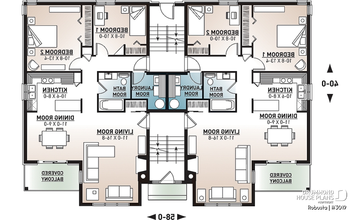 1st level - 8 unit apartment building plan, 2 bedrooms, great kitchen, dining and living layout, laundry room, fireplace - Robusta
