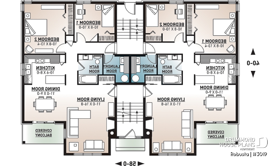 1st level - 8 unit apartment building plan, 2 bedrooms, great kitchen, dining and living layout, laundry room, fireplace - Robusta