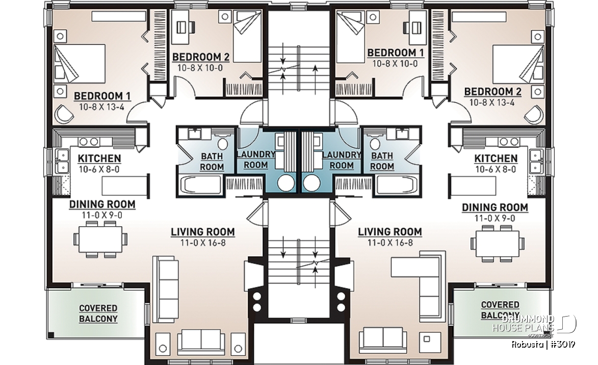 2nd level - 8 unit apartment building plan, 2 bedrooms, great kitchen, dining and living layout, laundry room, fireplace - Robusta