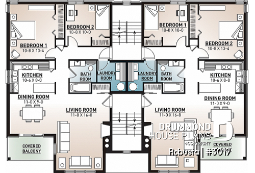 2nd level - 8 unit apartment building plan, 2 bedrooms, great kitchen, dining and living layout, laundry room, fireplace - Robusta