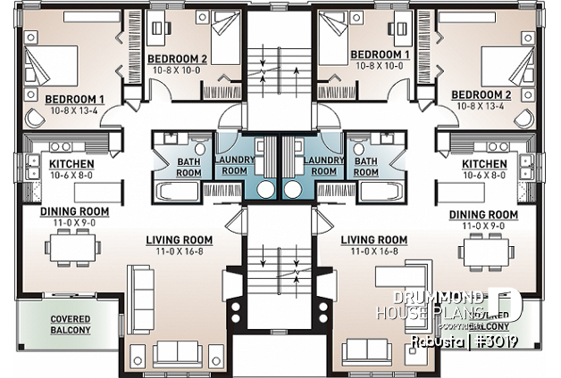 2nd level - 8 unit apartment building plan, 2 bedrooms, great kitchen, dining and living layout, laundry room, fireplace - Robusta